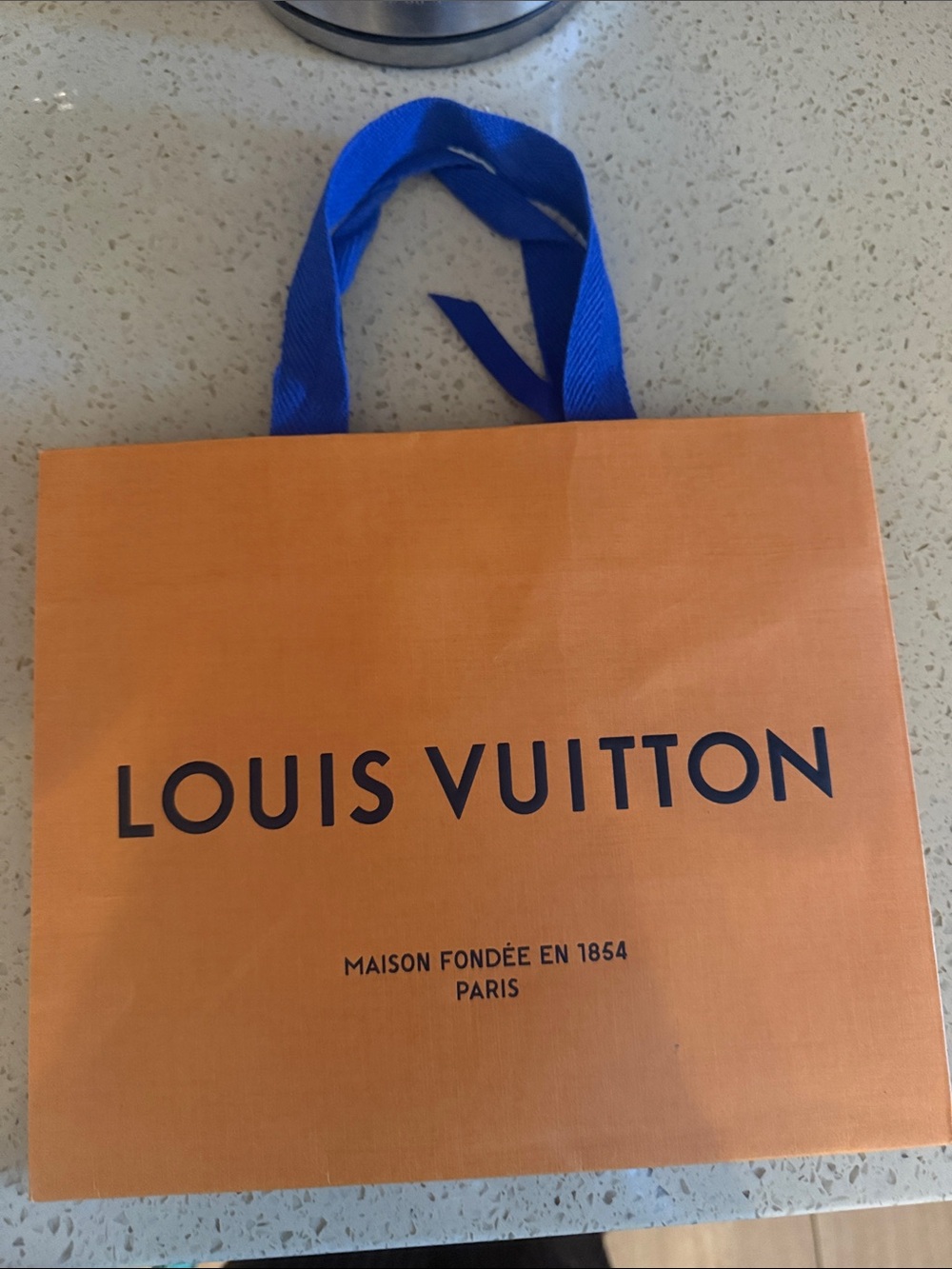 Louis Vuitton Orange Bag with Blue Ribbon Handles